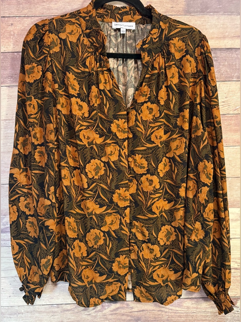 Gibson Latimer Black Blouse with Golden Floral Print